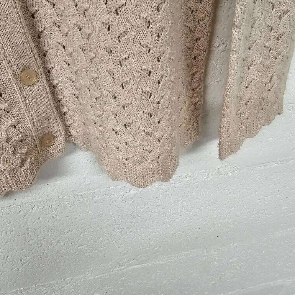 Vintage Wintuk Medium Cardigan Womens Beige Open Knit Eyelet Lightweight Grandma